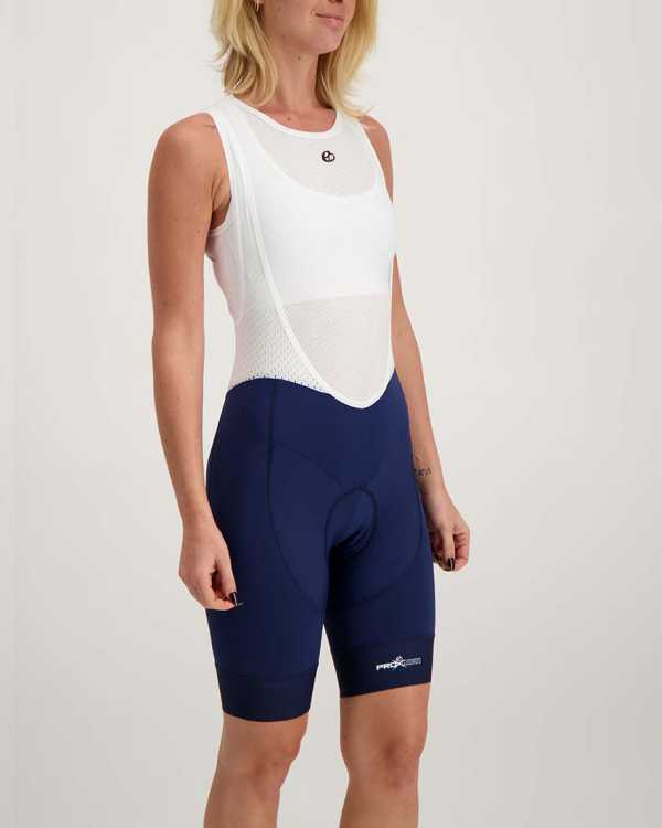 Ladies navy ProXision bibshort. Designed and manufactured by Enjoy.