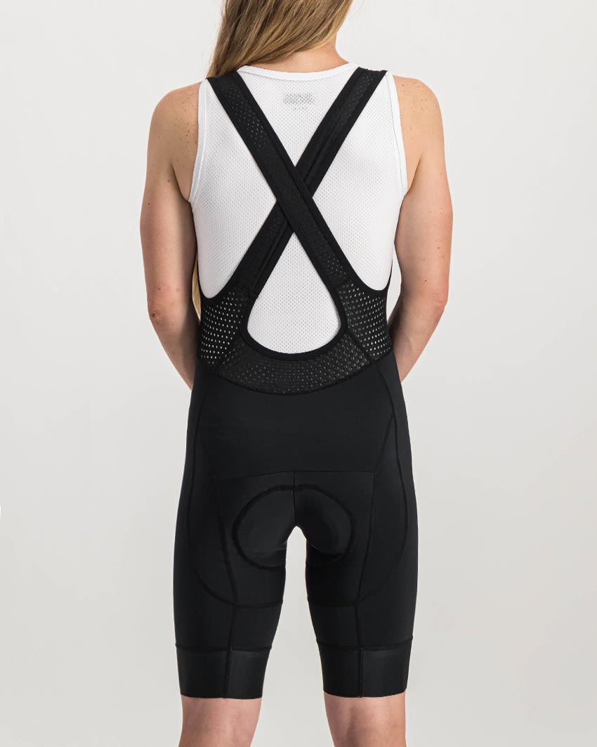 Ladies Black Coloured ProXision Bibshorts. Designed and manufactured by Enjoy cycling apparel.