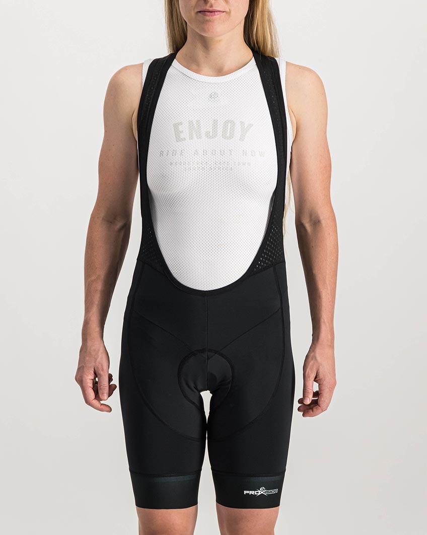 Ladies Black Coloured ProXision Bibshorts. Designed and manufactured by Enjoy cycling apparel.