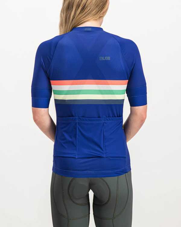 Ladies Rainbow Nation richard blue coloured Octane Cycle Top. Designed and manufactured by Enjoy cycling apparel.