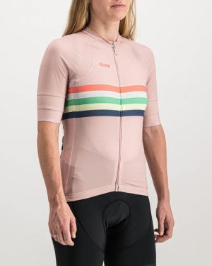 Ladies Rainbow Nation rose coloured Octane Cycle Top. Designed and manufactured by Enjoy cycling apparel.
