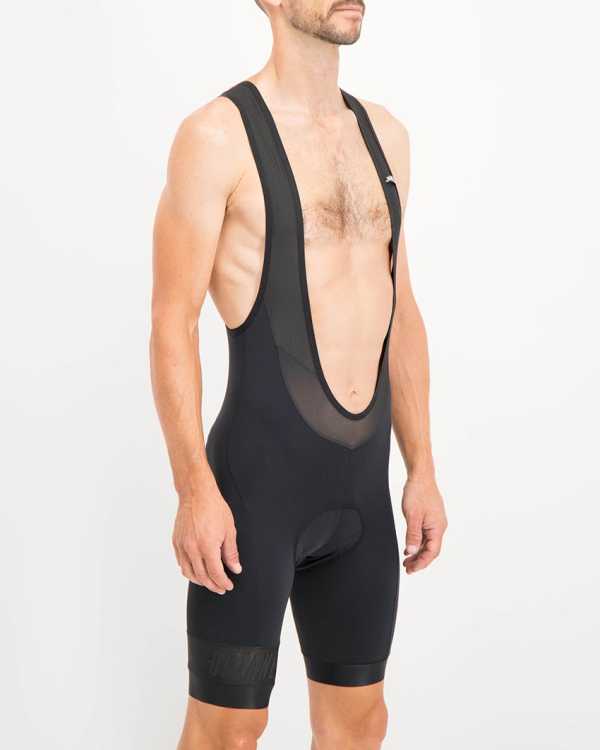 Mens Black coloured Octane Bib Shorts. Designed and manufactured by Enjoy cycling apparel.