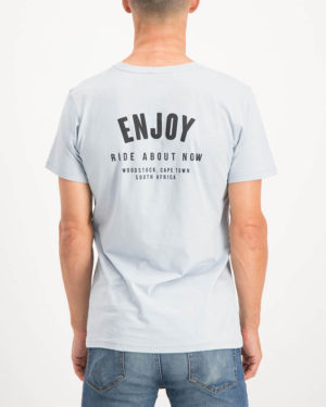 Enjoy light grey Ride About Now casual tee shirt. Made from 100% cotton. Designed by Enjoy Cycling Clothing.