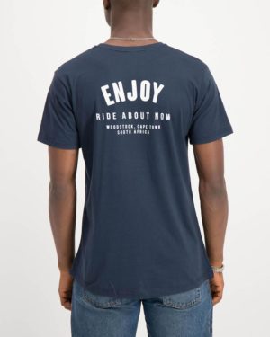 Enjoy navy Ride About Now casual tee shirt. Made from 100% cotton. Designed by Enjoy Cycling Clothing.