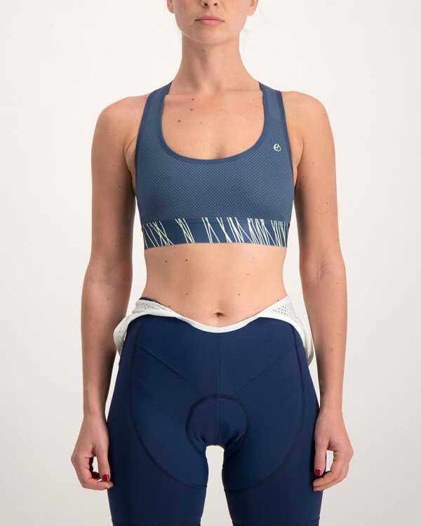 Ladies Carter navy sports bra. Designed and manufactured by Enjoy Cycling Apparel.