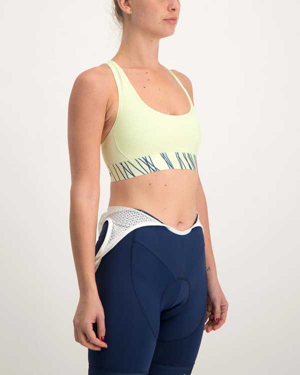 Ladies Carter lemon sports bra. Designed and manufactured by Enjoy Cycling Apparel.