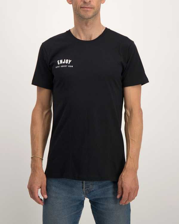 Enjoy black Ride About Now casual mens t-shirt. Made from 100% cotton. Designed by Enjoy Cycling Clothing.