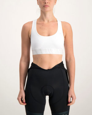 Ladies Carter white sports bra. Designed and manufactured by Enjoy Cycling Apparel.
