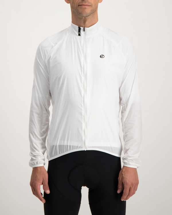 Mens Arctic white Atom cycling jacket. Featuring Extreme windstopper technology. Designed and manufactured by Enjoy cycling apparel.