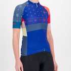 Three quarter of the ladies cycling jersey in the blue Stellar Supremium design made by enjoy.cc