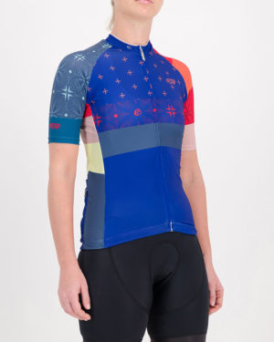 Three quarter of the ladies cycling jersey in the blue Stellar Supremium design made by enjoy.cc