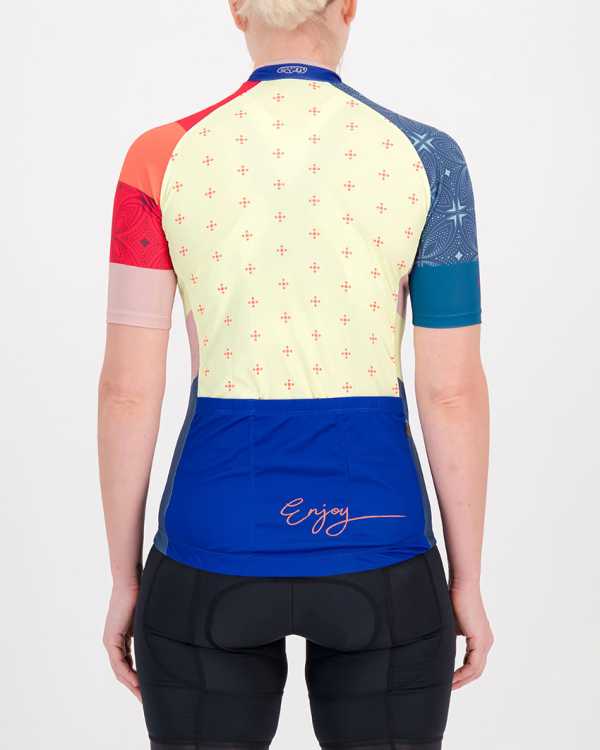 Back of the ladies cycling jersey in the blue Stellar Supremium design made by enjoy.cc