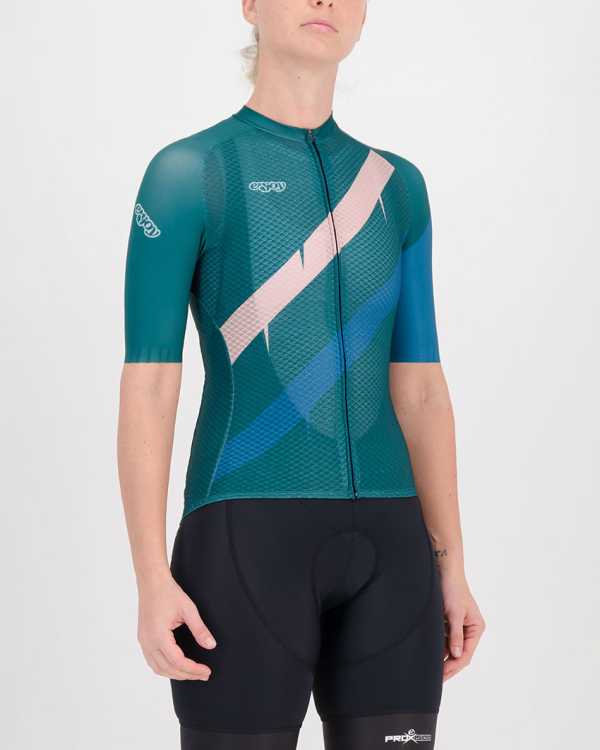 Three quarter of the ladies cycling shirt in the slippery green Yes Coach Climber design made by enjoy.cc