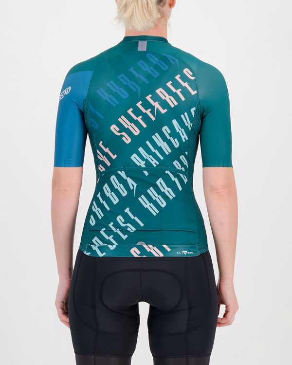 Back of the ladies cycling shirt in the slippery green Yes Coach Climber design made by enjoy.cc