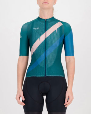 Front of the ladies cycling shirt in the slippery green Yes Coach Climber design made by enjoy.cc