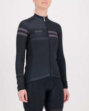 Three quarter of the ladies fleeced cycling jersey in the black Semester design made by enjoy.cc