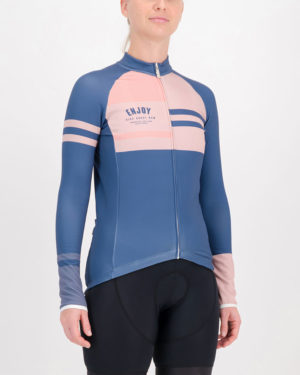 Three quarter of the ladies fleeced cycling jersey in the blue Semester design made by enjoy.cc