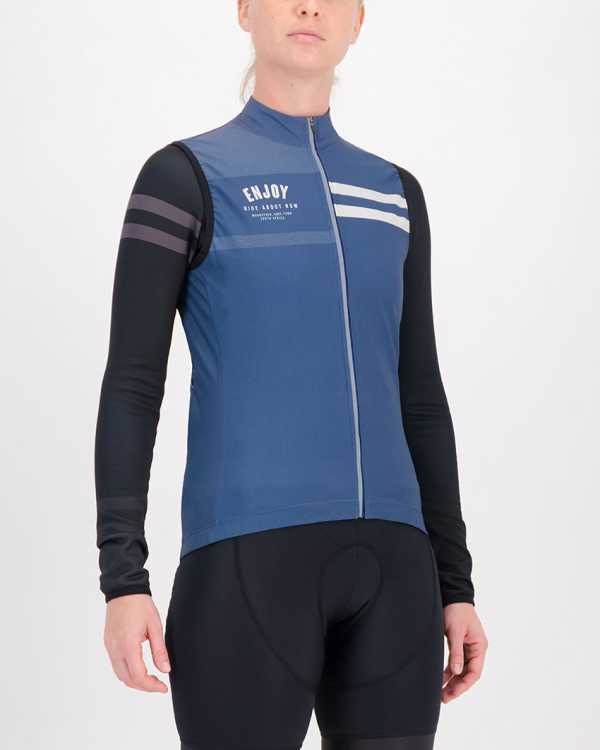 Three quarter of the ladies winter cycling gilet in the navy Semester design made by Enjoy.cc