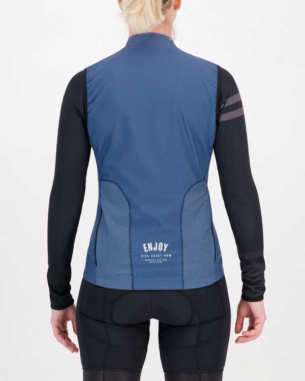 Back of the ladies winter cycling gilet in the navy Semester design made by Enjoy.cc