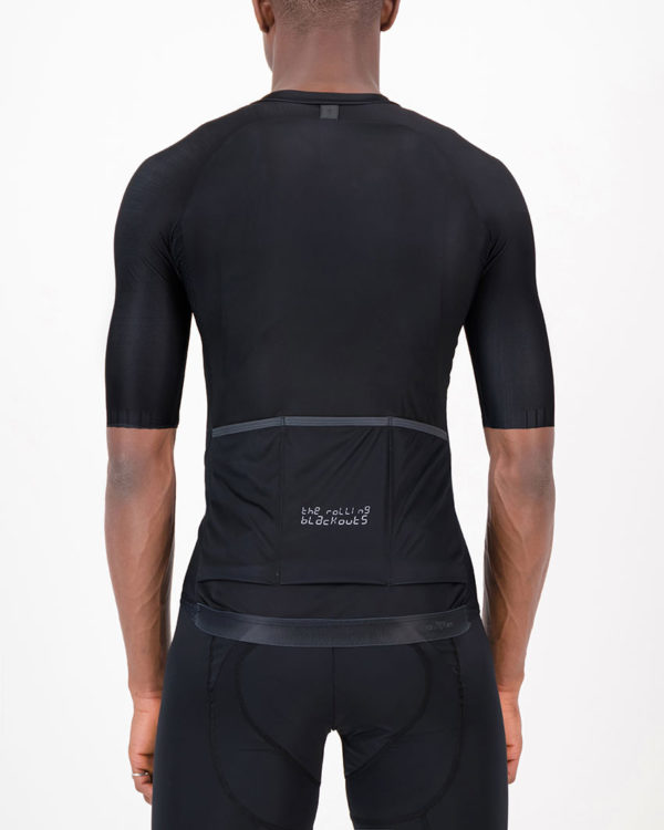 Back of the mens cycling shirt in the Rolling Blackouts Climber design made by enjoy.cc