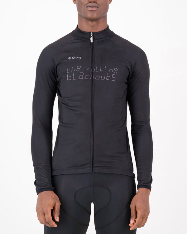 Front of the mens fleeced cycling jersey in the Rolling Blackouts design made by enjoy.cc
