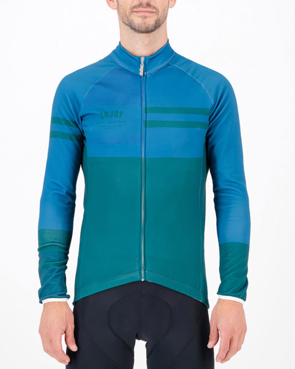 Front of the mens fleeced cycling jersey in the slippery green Semester design made by enjoy.cc
