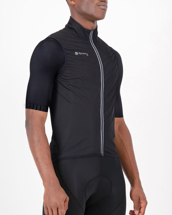 Three quarter of the mens cycling gilet in the Rolling Blackouts design made by Enjoy.cc