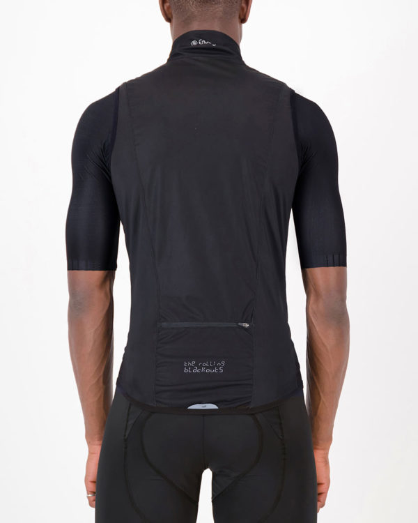 Back of the mens cycling gilet in the Rolling Blackouts design made by Enjoy.cc