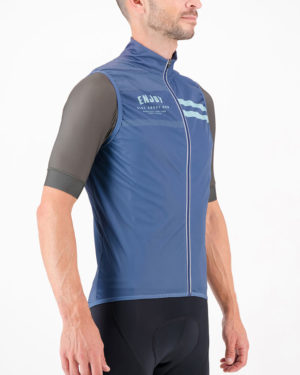 Three quarter of the mens cycling gilet in the navy Semester design made by Enjoy.cc