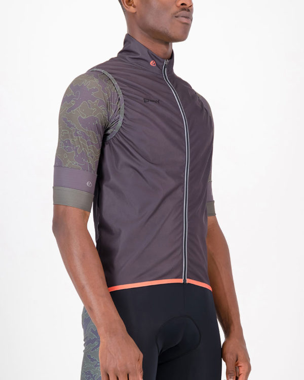Three quarter of the mens cycling gilet in the coal Sir Yes Sir design made by Enjoy.cc