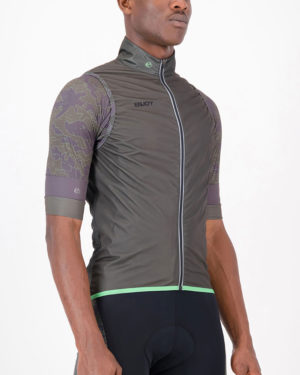 Three quarter of the mens cycling gilet in the peat Sir Yes Sir design made by Enjoy.cc
