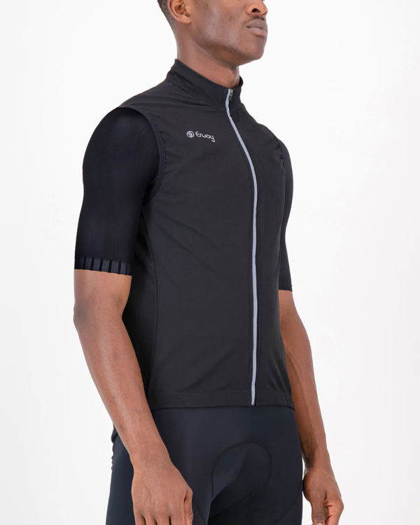 Three quarter of the mens winter cycling gilet in the Rolling Blackouts design made by Enjoy.cc