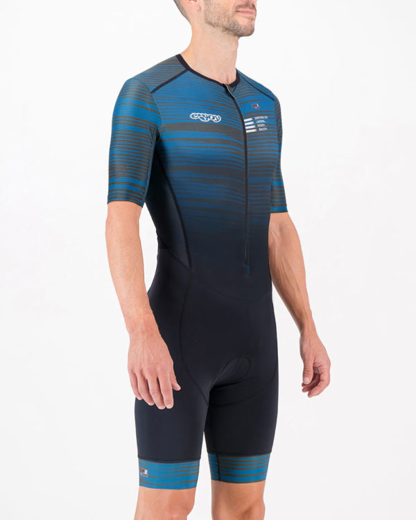 Three quarter of the mens tri suit in the Input Slippery Green design made by Enjoy.cc