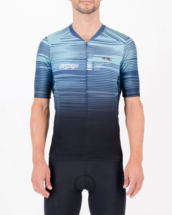 Front of the mens tri top in the Input Blue design made by Enjoy.cc