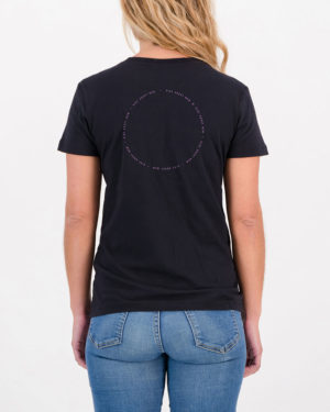 Back view of the Enjoy ladies cotton t-shirt in the Ride About Now design. Cycling inspired t-shirts designed by Enjoy.cc