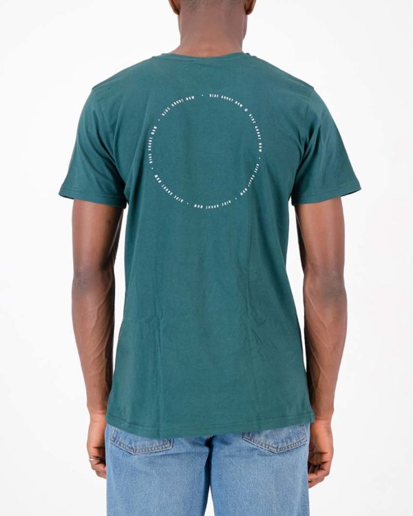 Front view of the Enjoy mens cotton t-shirt in the Ride About Now green design. Cycling inspired t-shirts designed by Enjoy.cc