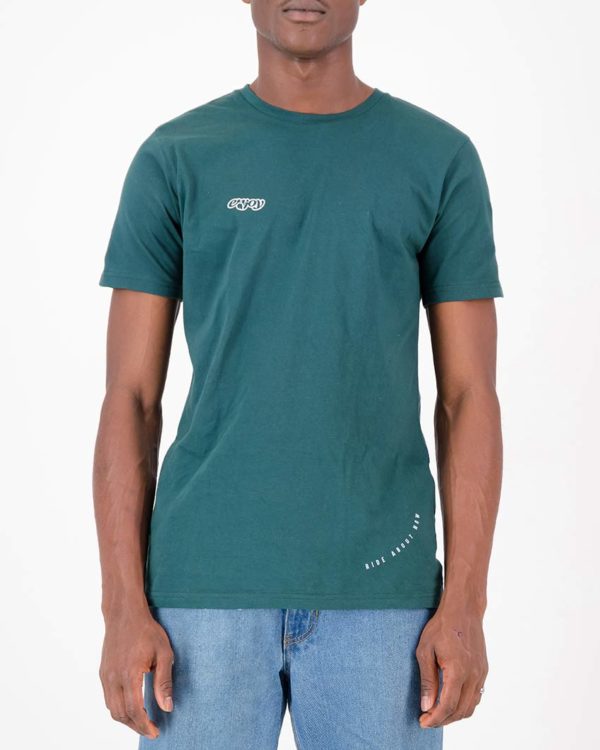 Front view of the Enjoy mens cotton t-shirt in the Ride About Now green design. Cycling inspired t-shirts designed by Enjoy.cc