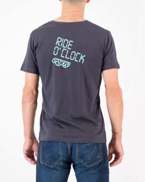 Back view of the Enjoy mens cotton t-shirt in the Ride O Clock design. Cycling inspired t-shirts designed by Enjoy.cc