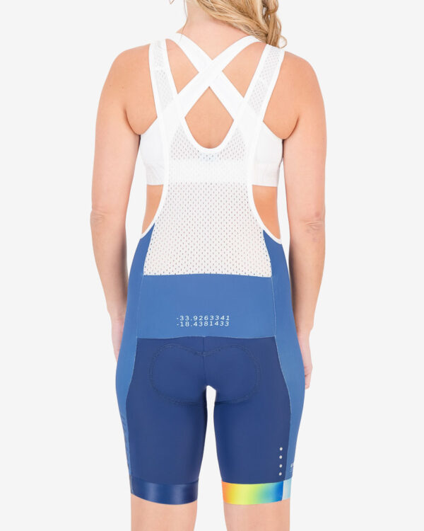 Three quarter of the ladies bib short in the Out There Dual design made by enjoy.cc
