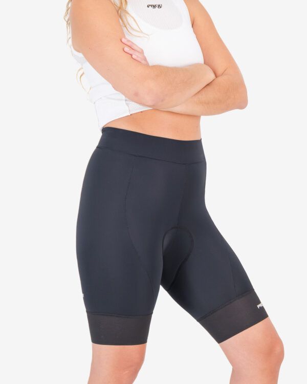 Three quarter of the ladies cycle short in the black Mono ProXision design made by enjoy.cc