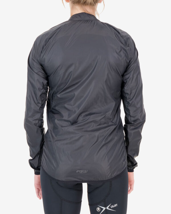 Back view of the ladies Enjoy Atom Jacket in the matte black colour way with reflective detailing made by Enjoy.cc