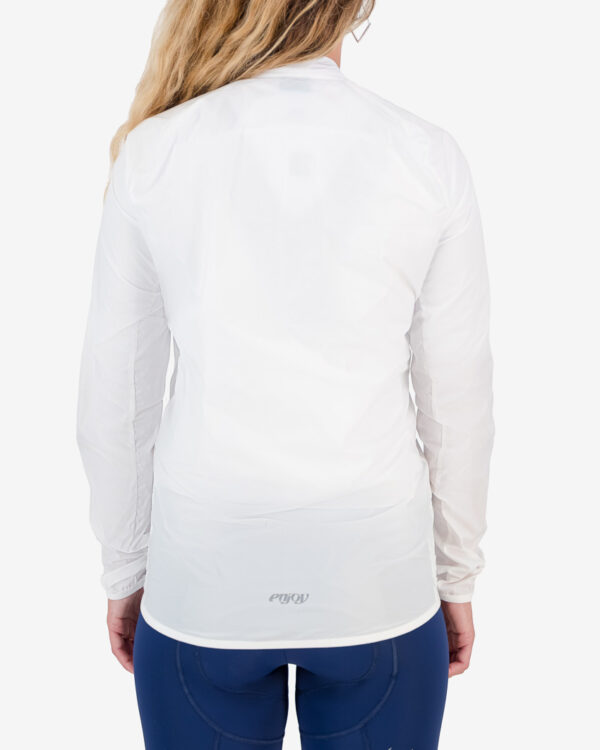 Back view of the ladies Enjoy Atom Jacket in the white colour way with reflective detailing made by Enjoy.cc