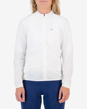 Front view of the ladies Enjoy Atom Jacket in the white colour way with reflective detailing made by Enjoy.cc