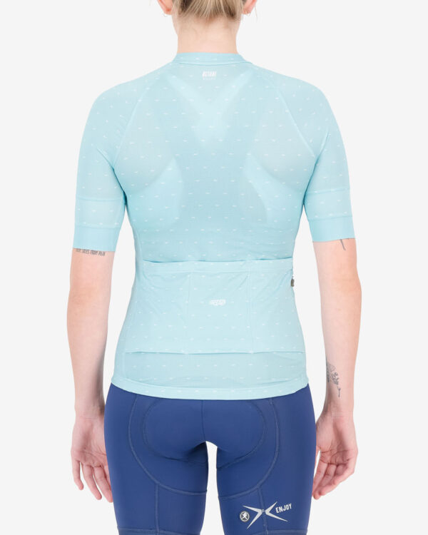 Back of the ladies cycling shirt in the Cool Breeze Light Blue Octane design made by enjoy.cc