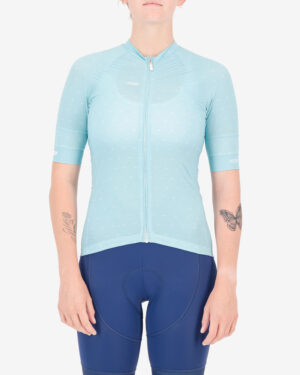 Front of the ladies cycling shirt in the Cool Breeze Light Blue Octane design made by enjoy.cc