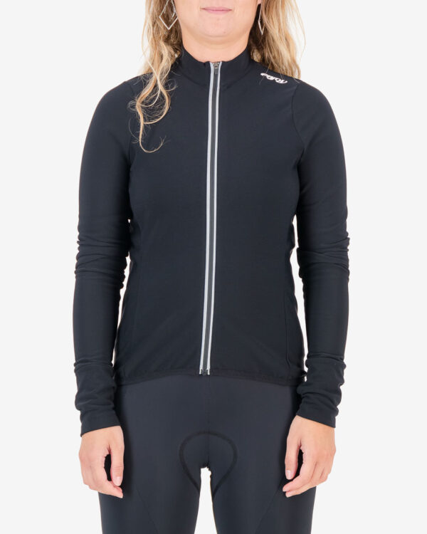 Front of the ladies fleeced cycling jersey with cuffed sleeves in matte black with reflective detailing made by enjoy.cc