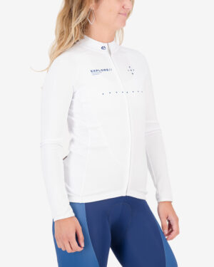 Three quarter of the ladies fleeced cycling jersey in the Out There design made by enjoy.cc