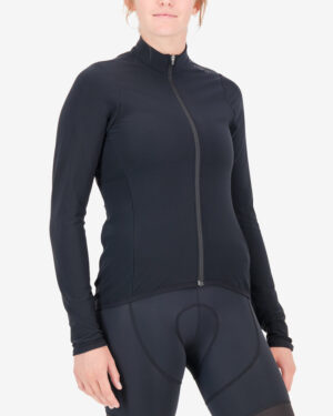 Three quarter of the ladies fleeced cycling jersey in matte black with reflective detailing made by enjoy.cc