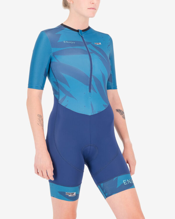 Three quarter of the ladies sleeved tri suit in the Flora design made by Enjoy.cc