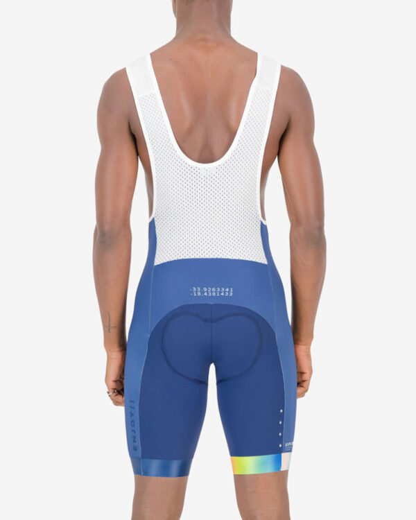 Back of the mens bib short in the Out There Dual design made by enjoy.cc